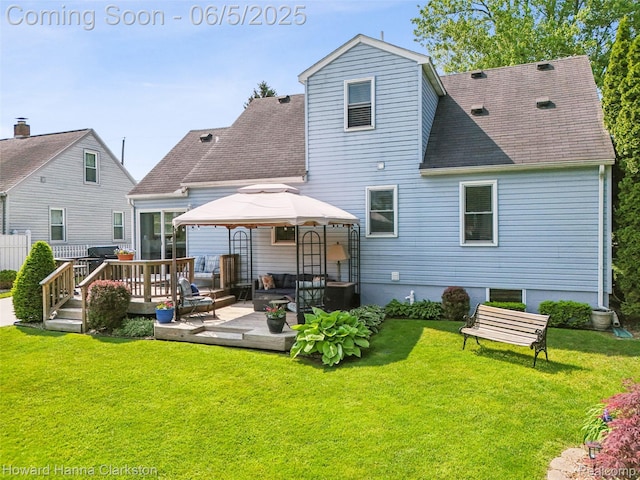 3414 Gregory Rd, Lake Orion, MI 48359 - rear view of house with a gazebo, a shingled roof, a deck, a lawn, and an outdoor hangout area