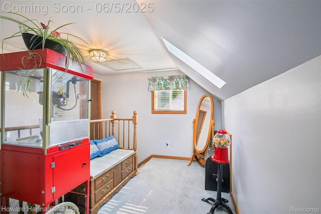 3414 Gregory Rd, Lake Orion, MI 48359 - bedroom featuring attic access, carpet flooring, baseboards, lofted ceiling, and a skylight