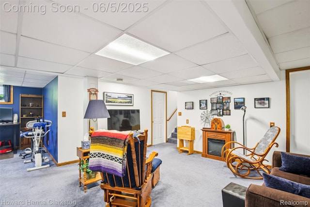 3414 Gregory Rd, Lake Orion, MI 48359 - carpeted living area featuring a paneled ceiling, baseboards, and stairway
