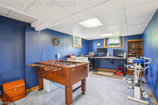 3414 Gregory Rd, Lake Orion, MI 48359 - rec room with a drop ceiling, carpet floors, a desk, and baseboards