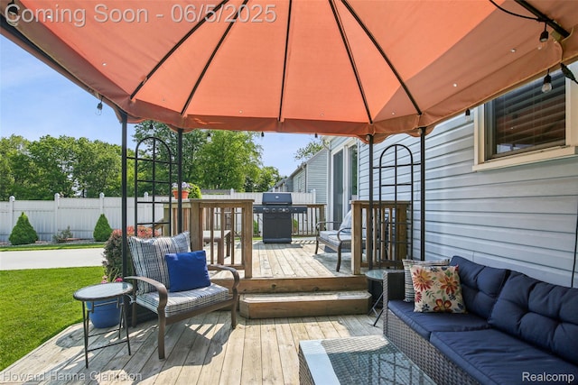 3414 Gregory Rd, Lake Orion, MI 48359 - wooden terrace featuring area for grilling, an outdoor hangout area, and a gazebo