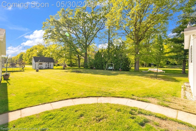 3889 Wadhams Rd, Clyde, MI 48049 - view of grassy yard featuring a trampoline and view of wooded area
