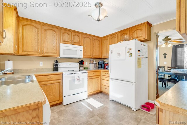 3889 Wadhams Rd, Clyde, MI 48049 - kitchen with white appliances, a sink, light countertops, a ceiling fan, and ornamental molding