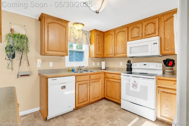 3889 Wadhams Rd, Clyde, MI 48049 - kitchen featuring white appliances, a sink, light countertops, ornamental molding, and baseboards