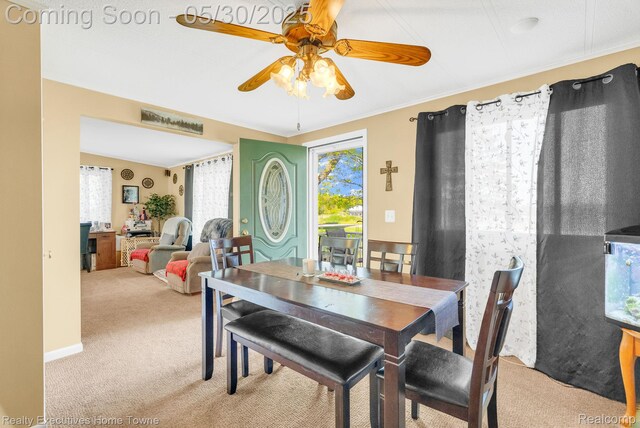 3889 Wadhams Rd, Clyde, MI 48049 - carpeted dining area featuring ceiling fan and crown molding
