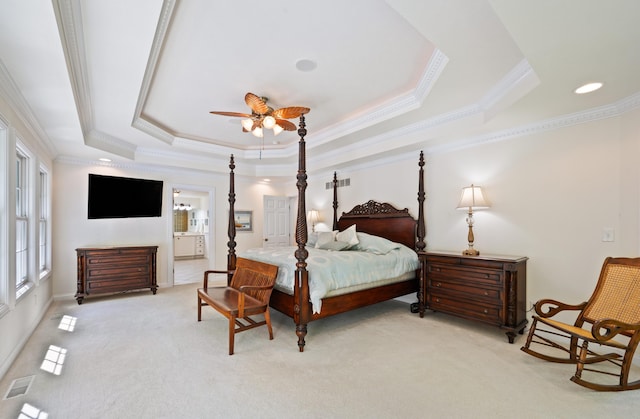 1796 Stockbridge Path, Saint Joseph, MI 49085 - bedroom with ornamental molding, a raised ceiling, light carpet, and ensuite bath