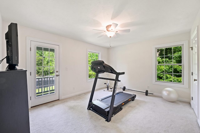 1796 Stockbridge Path, Saint Joseph, MI 49085 - exercise room featuring light carpet, a ceiling fan, and baseboards