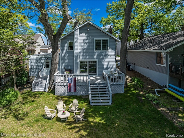 6863 Brightwood Ct, Waterford, MI 48327 - rear view of property with stairs, a chimney, a fire pit, a yard, and a deck