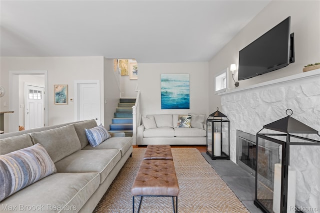 6863 Brightwood Ct, Waterford, MI 48327 - living area featuring stairs and a fireplace