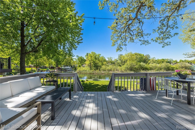 6863 Brightwood Ct, Waterford, MI 48327 - wooden terrace with outdoor lounge area, a water view, and a lawn