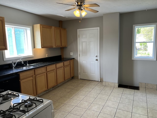 911 Muskegon Ave NW, Grand Rapids, MI 49504 - kitchen featuring black dishwasher, gas range gas stove, a sink, a ceiling fan, and dark countertops