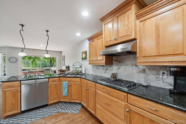 9120 Pineview Lake Dr, Linden, MI 48451 - kitchen with stainless steel appliances, under cabinet range hood, light wood finished floors, a peninsula, and dark stone countertops