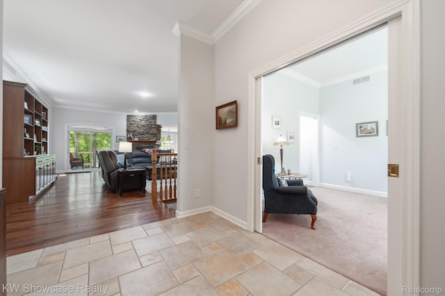 9120 Pineview Lake Dr, Linden, MI 48451 - hallway featuring crown molding, baseboards, and light colored carpet