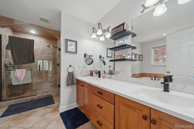 9120 Pineview Lake Dr, Linden, MI 48451 - full bath featuring a shower stall, double vanity, and tile patterned flooring