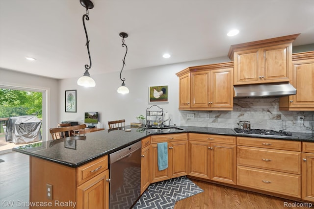 9120 Pineview Lake Dr, Linden, MI 48451 - kitchen featuring dishwasher, under cabinet range hood, a sink, light wood-type flooring, and a peninsula