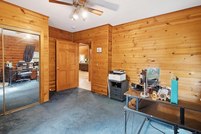 1750 Fox Rd, Jackson, MI 49201 - home office featuring dark carpet, a ceiling fan, and wooden walls