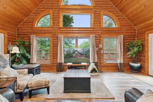 1750 Fox Rd, Jackson, MI 49201 - living area with high vaulted ceiling, wooden ceiling, and wood finished floors