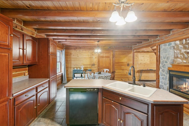 1750 Fox Rd, Jackson, MI 49201 - kitchen with black dishwasher, a sink, wooden ceiling with exposed beams, light countertops, and a chandelier