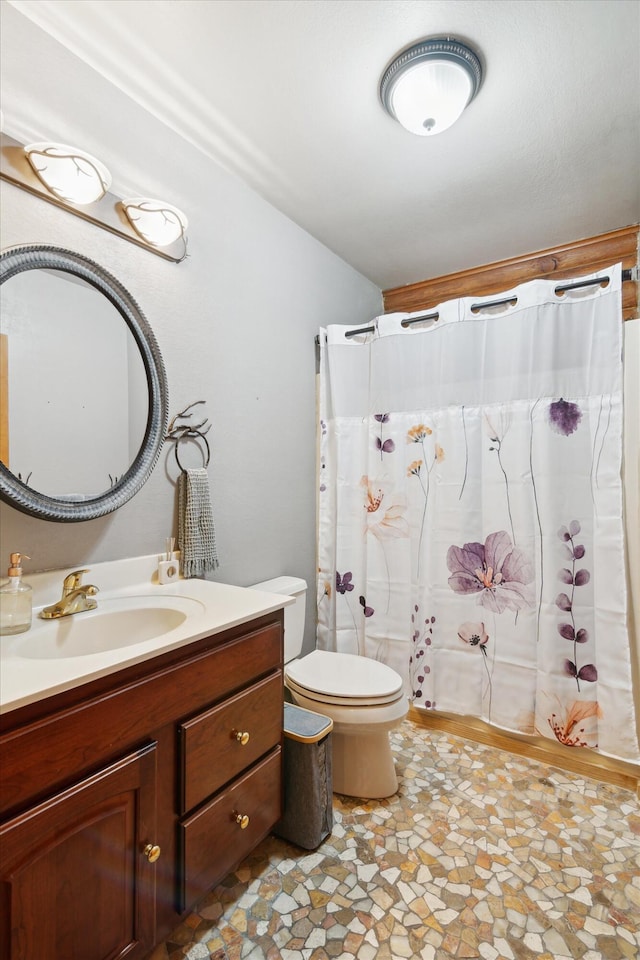 1750 Fox Rd, Jackson, MI 49201 - bathroom with vanity, toilet, stone finish floors, and a shower with shower curtain
