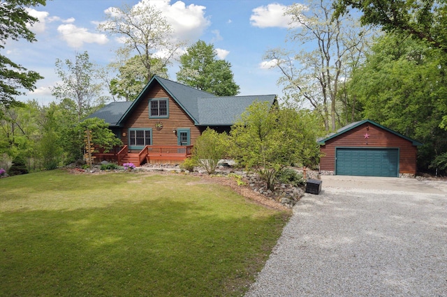 1750 Fox Rd, Jackson, MI 49201 - log-style house featuring an outdoor structure, a detached garage, a deck, and a front yard