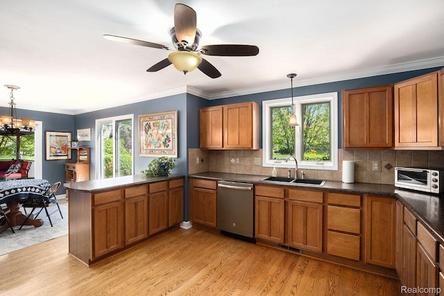 5200 Bridge Trl W, Commerce Twp, MI 48382 - kitchen with dishwasher, a sink, brown cabinetry, and ornamental molding