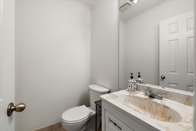 4948 Hardwoods Dr, West Bloomfield, MI 48323 - half bath with vanity, toilet, and ornamental molding