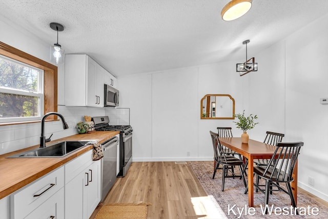 206 Pearl St, Sheridan, MI 48884 - kitchen with stainless steel appliances, a sink, light wood-type flooring, tasteful backsplash, and hanging light fixtures