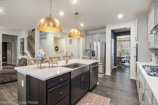 2670 Ironton Dr, Commerce Twp, MI 48382 - kitchen featuring appliances with stainless steel finishes, a sink, open floor plan, dark wood-type flooring, and recessed lighting