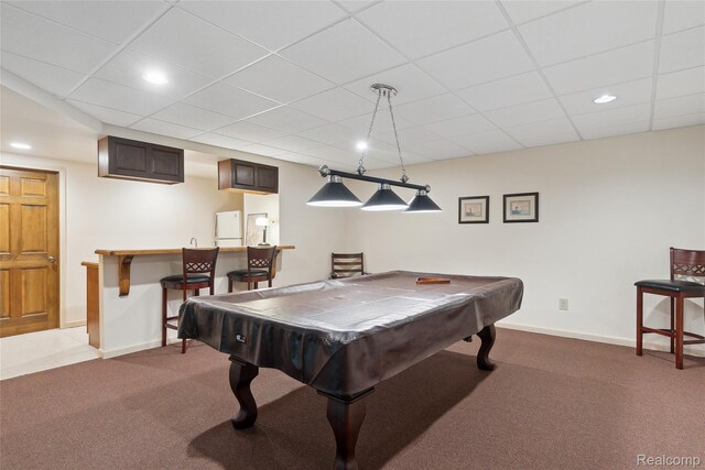 1330 Evergreen, Milford, MI 48380 - game room with light colored carpet, billiards, recessed lighting, baseboards, and a drop ceiling