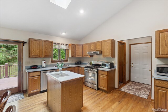 1330 Evergreen, Milford, MI 48380 - kitchen with stainless steel appliances, a sink, under cabinet range hood, a skylight, and light wood finished floors
