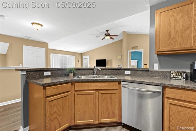 51623 Hale Ln, Chesterfield, MI 48051 - kitchen featuring stainless steel dishwasher, a sink, wood finished floors, ceiling fan, and lofted ceiling