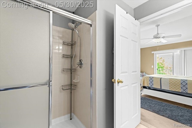 51623 Hale Ln, Chesterfield, MI 48051 - bathroom featuring a stall shower, ensuite bathroom, and ceiling fan