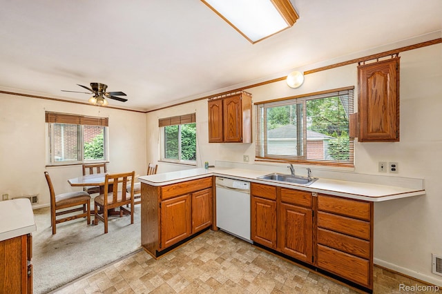 6439 Rockdale Ct, Dearborn Heights, MI 48127 - kitchen featuring white dishwasher, a sink, brown cabinets, light countertops, and ornamental molding