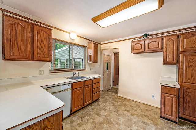 6439 Rockdale Ct, Dearborn Heights, MI 48127 - kitchen featuring white dishwasher, a sink, light countertops, brown cabinets, and crown molding