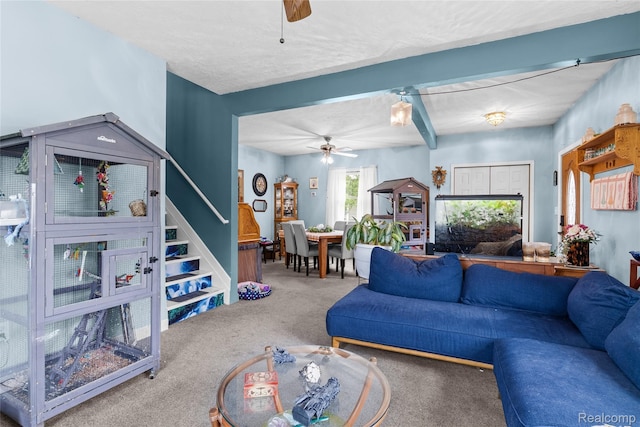 306 Hamilton St, Byron, MI 48418 - carpeted living area with ceiling fan, stairway, and beam ceiling