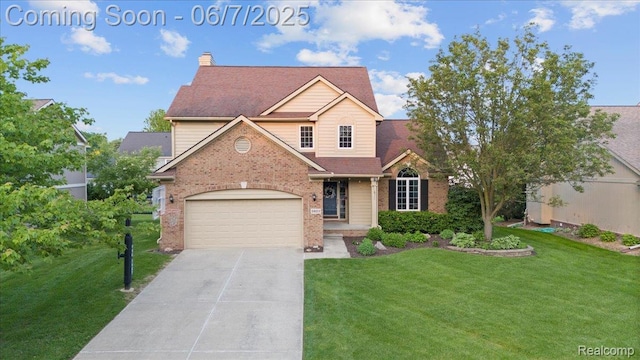 5602 Adderstone Dr, Clarkston, MI 48346 - traditional-style home featuring brick siding, concrete driveway, a front lawn, a chimney, and a garage