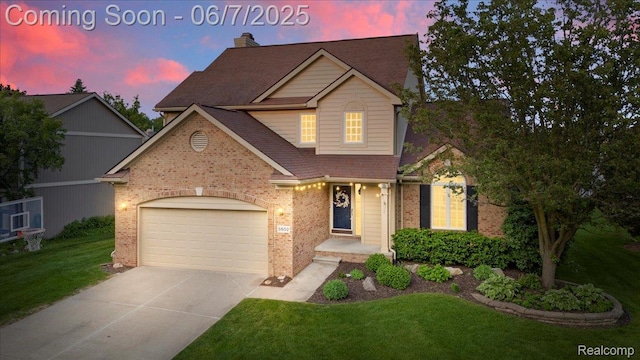5602 Adderstone Dr, Clarkston, MI 48346 - traditional home with brick siding, concrete driveway, a front lawn, and a chimney