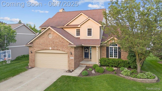 5602 Adderstone Dr, Clarkston, MI 48346 - traditional-style house featuring brick siding, driveway, a front yard, and a chimney