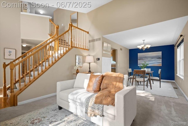 5602 Adderstone Dr, Clarkston, MI 48346 - living room with carpet, stairs, a chandelier, baseboards, and a towering ceiling