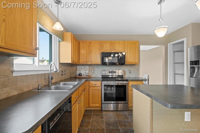 5602 Adderstone Dr, Clarkston, MI 48346 - kitchen featuring black appliances, a sink, dark countertops, and backsplash