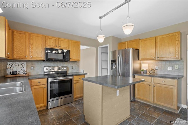 5602 Adderstone Dr, Clarkston, MI 48346 - kitchen featuring stainless steel appliances, dark countertops, decorative backsplash, and dark stone finish floors