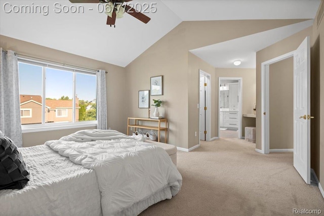 5602 Adderstone Dr, Clarkston, MI 48346 - carpeted bedroom with lofted ceiling, baseboards, ensuite bathroom, and ceiling fan