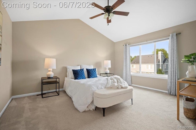 5602 Adderstone Dr, Clarkston, MI 48346 - bedroom featuring baseboards, lofted ceiling, light carpet, and ceiling fan