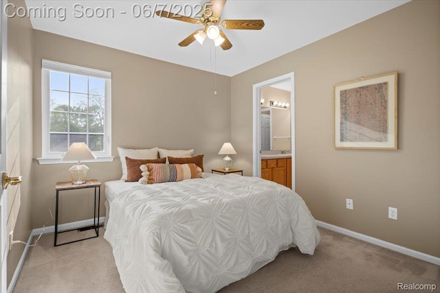 5602 Adderstone Dr, Clarkston, MI 48346 - bedroom featuring baseboards, light colored carpet, ensuite bath, and a ceiling fan
