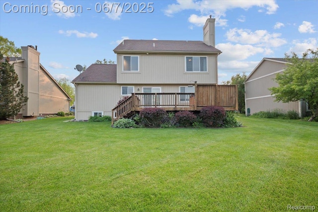5602 Adderstone Dr, Clarkston, MI 48346 - back of property with a chimney, a deck, a yard, and roof with shingles