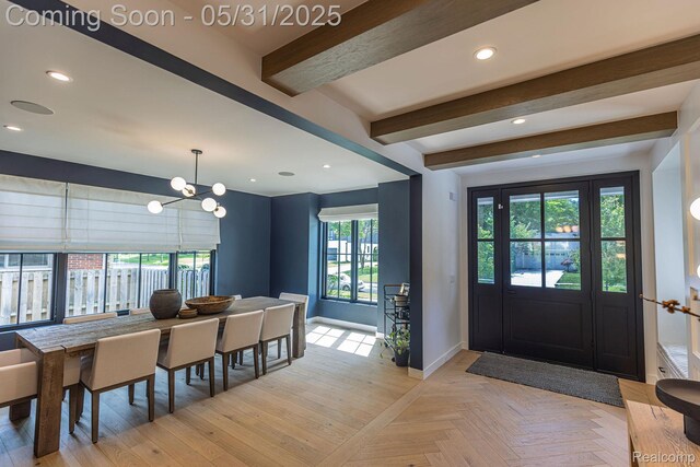 923 S Glenhurst Dr, Birmingham, MI 48009 - entrance foyer featuring baseboards, a chandelier, beamed ceiling, and recessed lighting