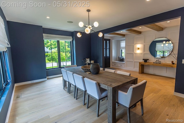 923 S Glenhurst Dr, Birmingham, MI 48009 - dining space with baseboards, a chandelier, beam ceiling, recessed lighting, and light wood finished floors