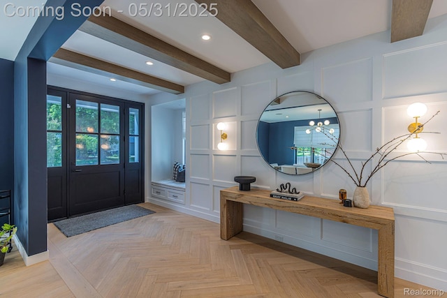 923 S Glenhurst Dr, Birmingham, MI 48009 - foyer featuring a decorative wall, beam ceiling, healthy amount of natural light, recessed lighting, and baseboards