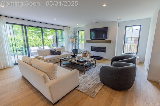 923 S Glenhurst Dr, Birmingham, MI 48009 - living room with healthy amount of natural light, a glass covered fireplace, baseboards, light wood finished floors, and recessed lighting