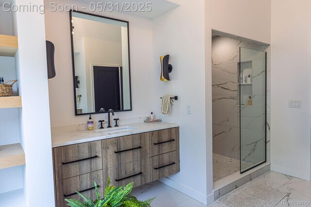 923 S Glenhurst Dr, Birmingham, MI 48009 - full bathroom with marble finish flooring, a marble finish shower, baseboards, and vanity